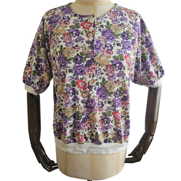 Cape Cod Sportswear Vintage 1980s Floral Print Womens Short Sleeves Top … - Picture 1 of 12